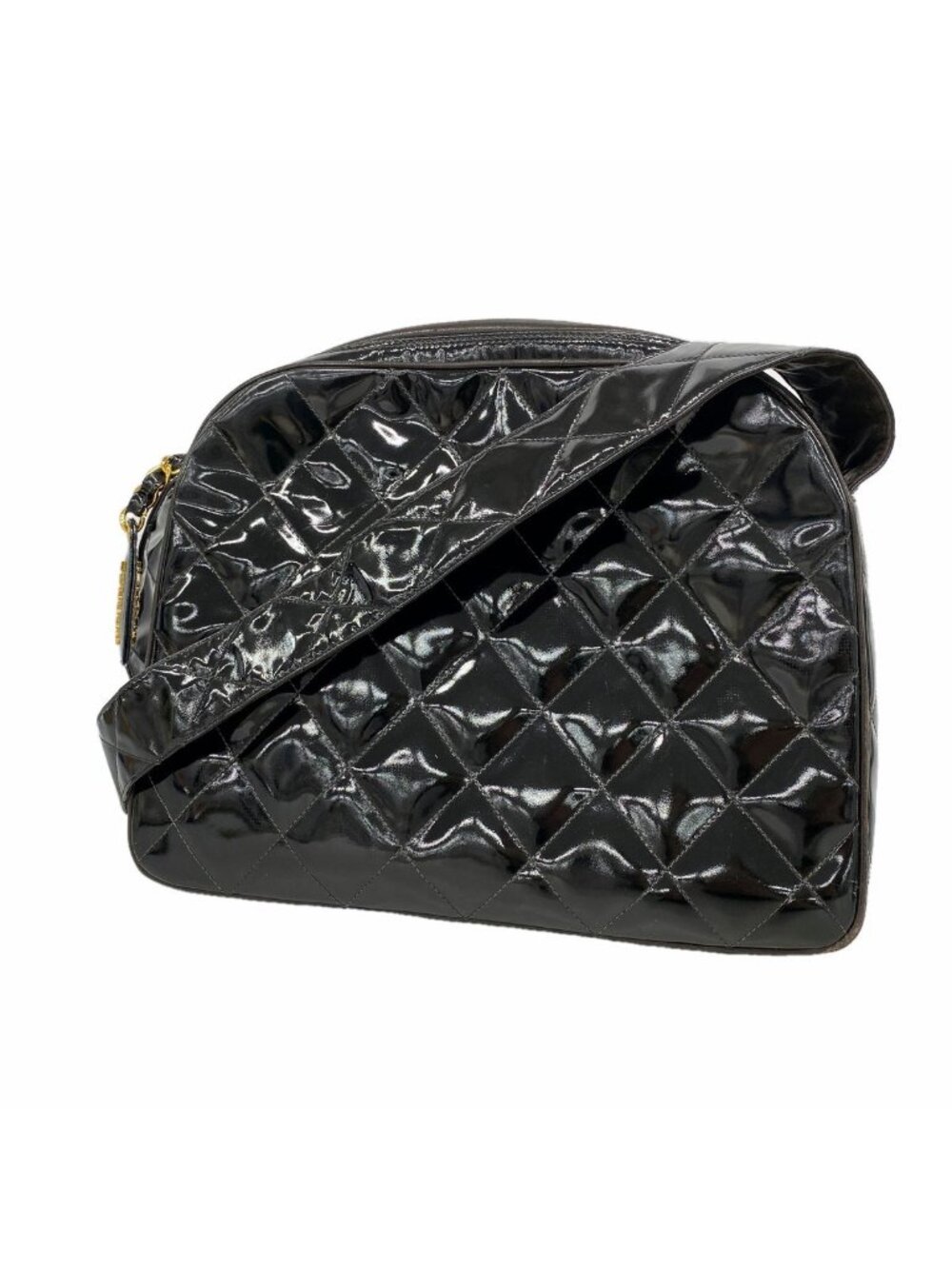 Chanel Shoulder Bag Quilted Patent Leather Black Gold